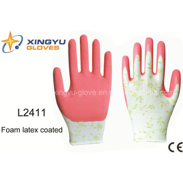 Gant de travail enduit de latex de mousse de Shell de polyester d&#39;impression 13G (L2411)